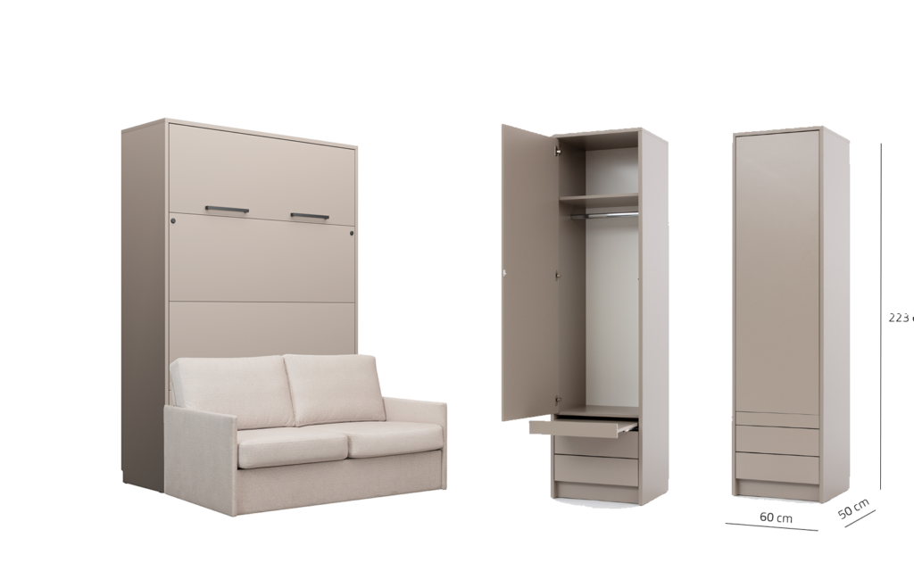 Lit escamotable avec canapé et rangements - LOLITA - porte ouverte - crème