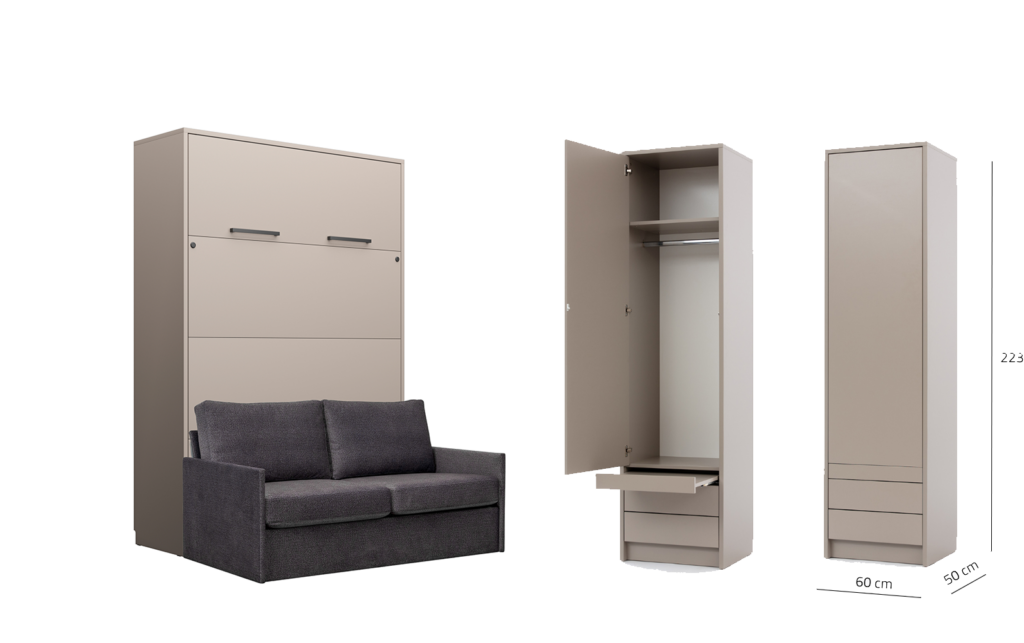 Lit escamotable avec canapé et rangements - LOLITA - porte ouverte - gris