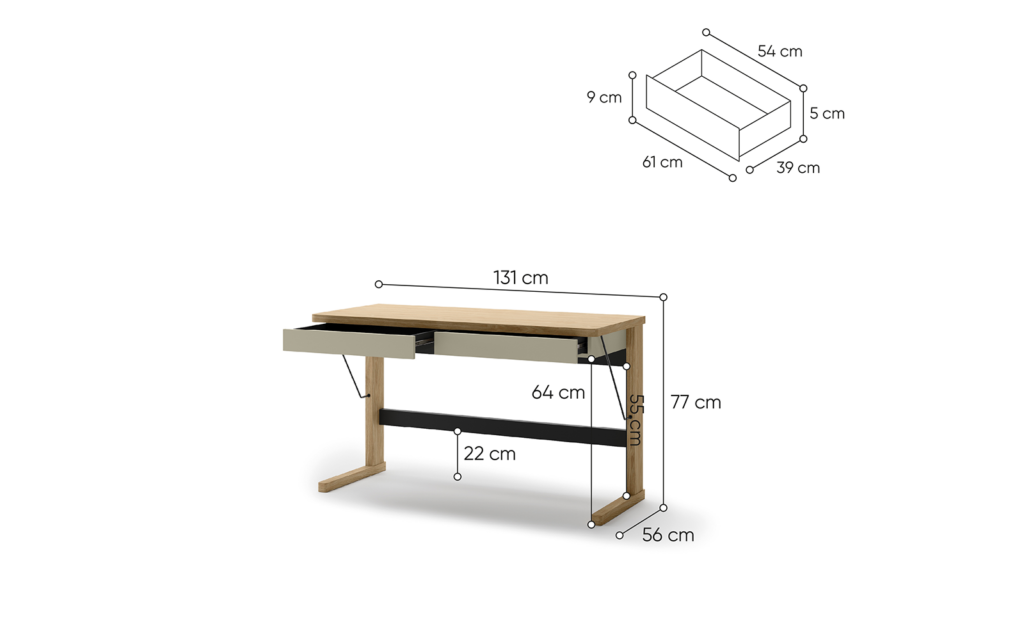 Bureau avec tiroir OLLIE - dimensions