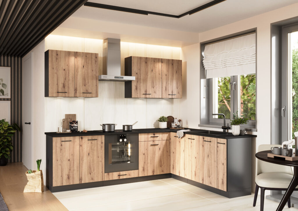 Cuisine d'angle pas cher CLAUDIA ambiance bois