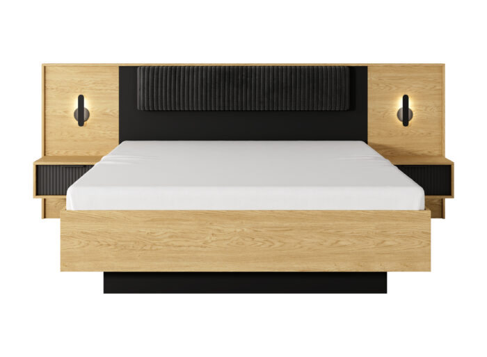 Lit coffre 160×200 cm avec chevets intégré chêne et noir – AVA