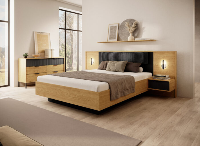 Lit coffre 160×200 cm avec chevets intégré et commode – AVA