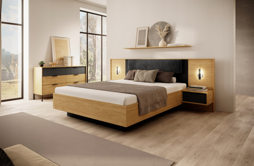 Lit coffre 160x200 cm avec chevets intégré et commode - AVA