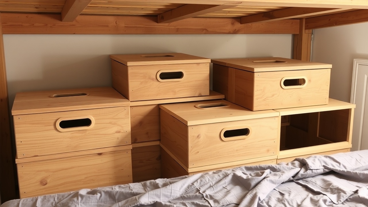 Des boîtes de rangement de différentes tailles, empilées proprement sous un lit.