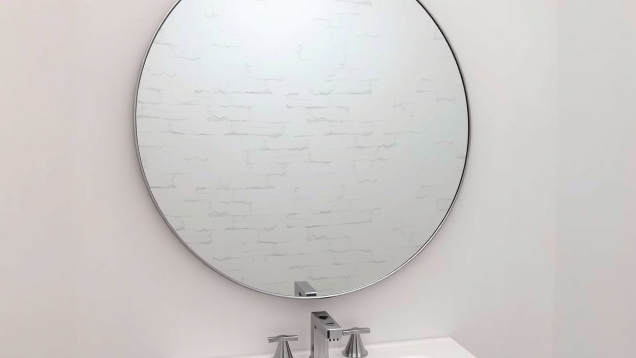 Un grand miroir rond accroché au-dessus d'un lavabo, reflétant un mur blanc.