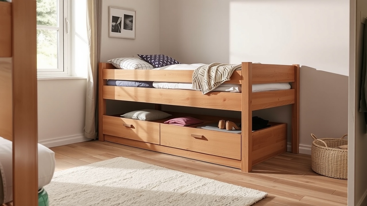 Un lit avec des tiroirs de rangement en dessous dans une chambre épurée.