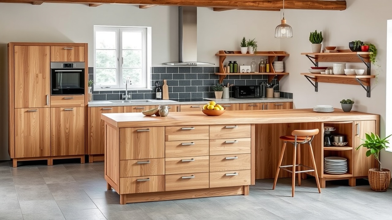 Une cuisine en L avec un plan de travail en bois et un bol de fruits.