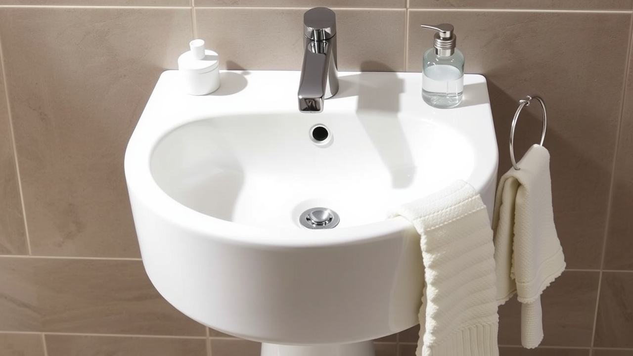 Une petite vasque blanche avec un robinet mural chromé et un savon posé à côté.