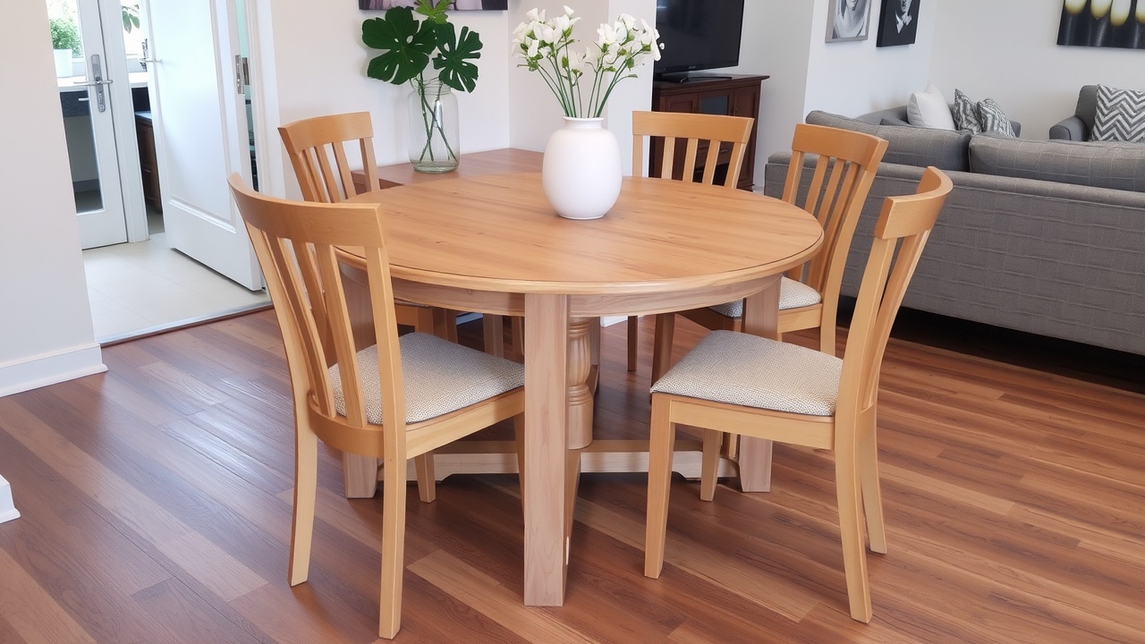 Une table à manger ronde en bois avec des chaises, créant une transition vers un salon.
