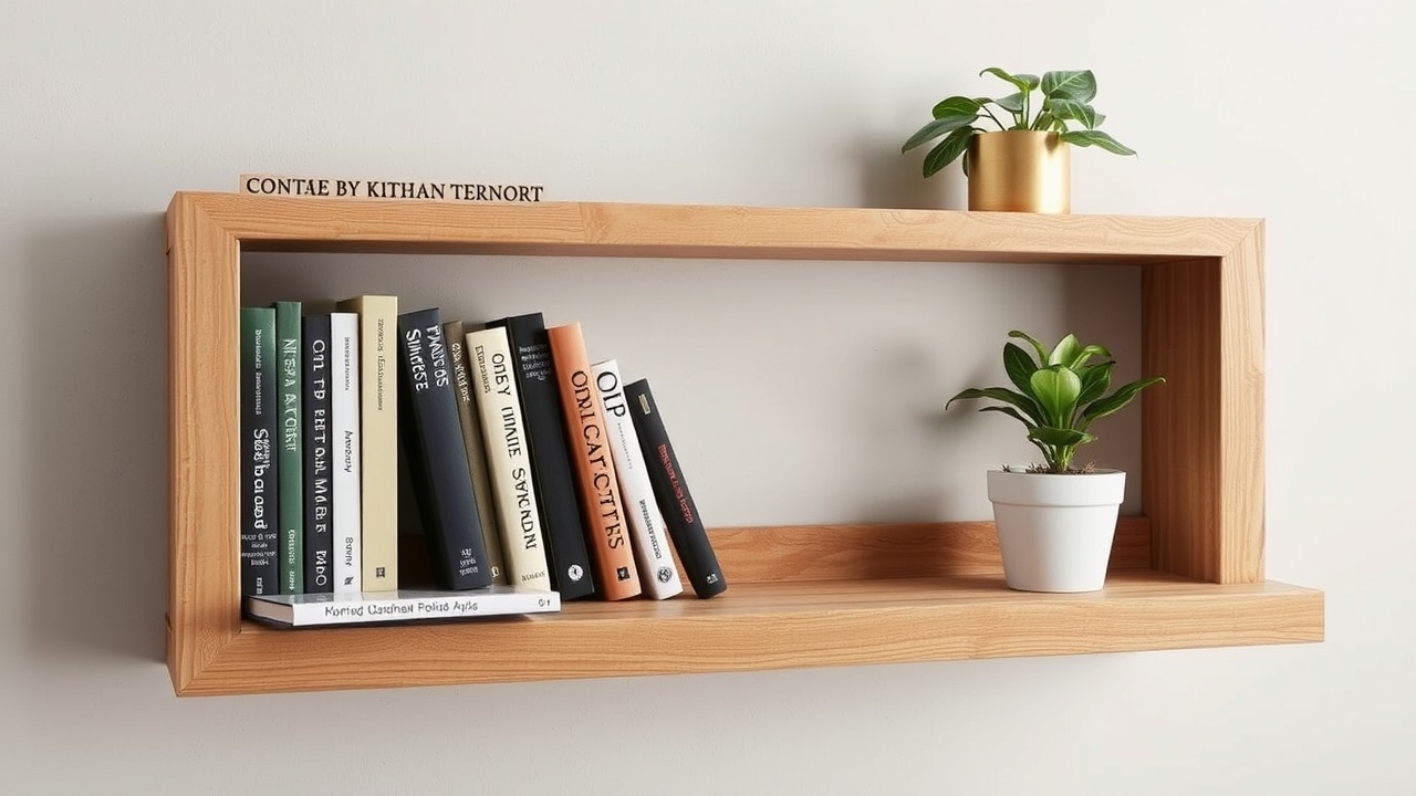 Une étagère murale en bois avec quelques livres et une petite plante en pot.